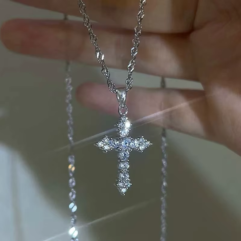 Shiny Crystal Zircon Cross Pendant Necklace for Women Girls Punk Silve - pendant necklace silver at ShoplyHub