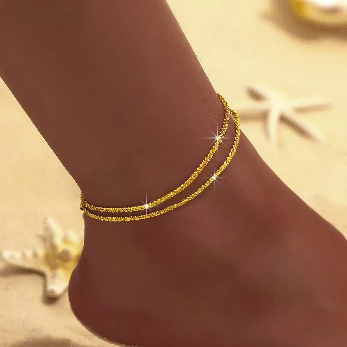 LATS Shiny Sparkling Simple Anklet for Women Gold Silver Color Elegant Jewelry Female Beach Ankle Bracelet on Foot - view 5