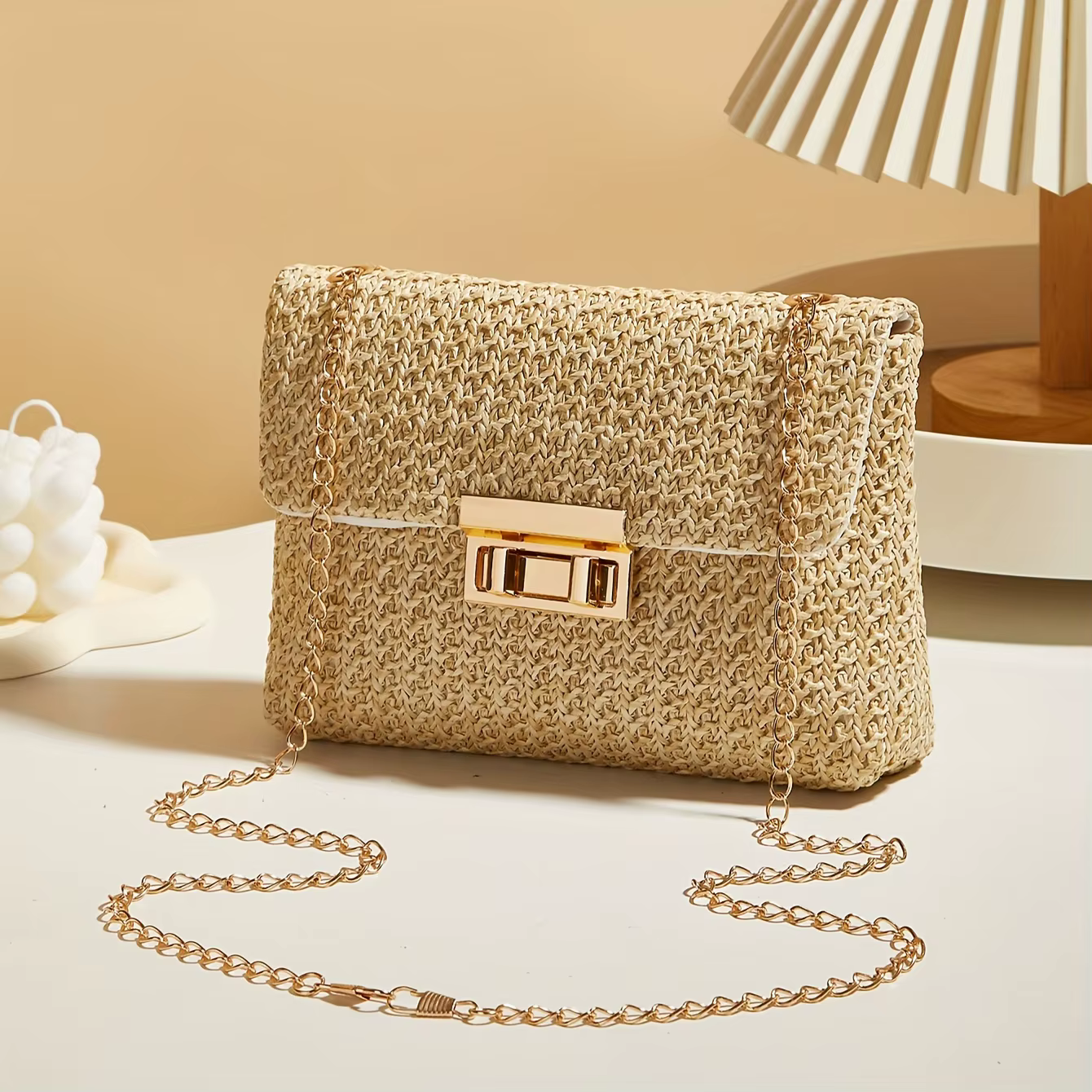 Woven Straw Handwoven Women's Shoulder Bag, Fashion Solid Color Crossbody Purse with Lock Closure - view 6