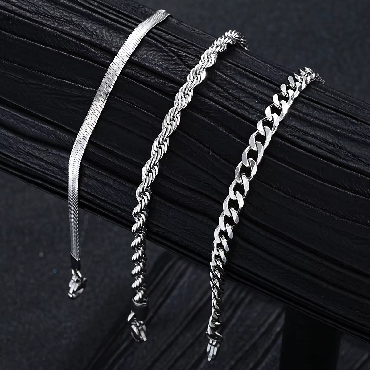 Simple Stainless Steel Silver Color Jewelry Sets for Men Unisex Punk Vintage Smooth Ring Necklace Bracelet Set Gifts - view 3