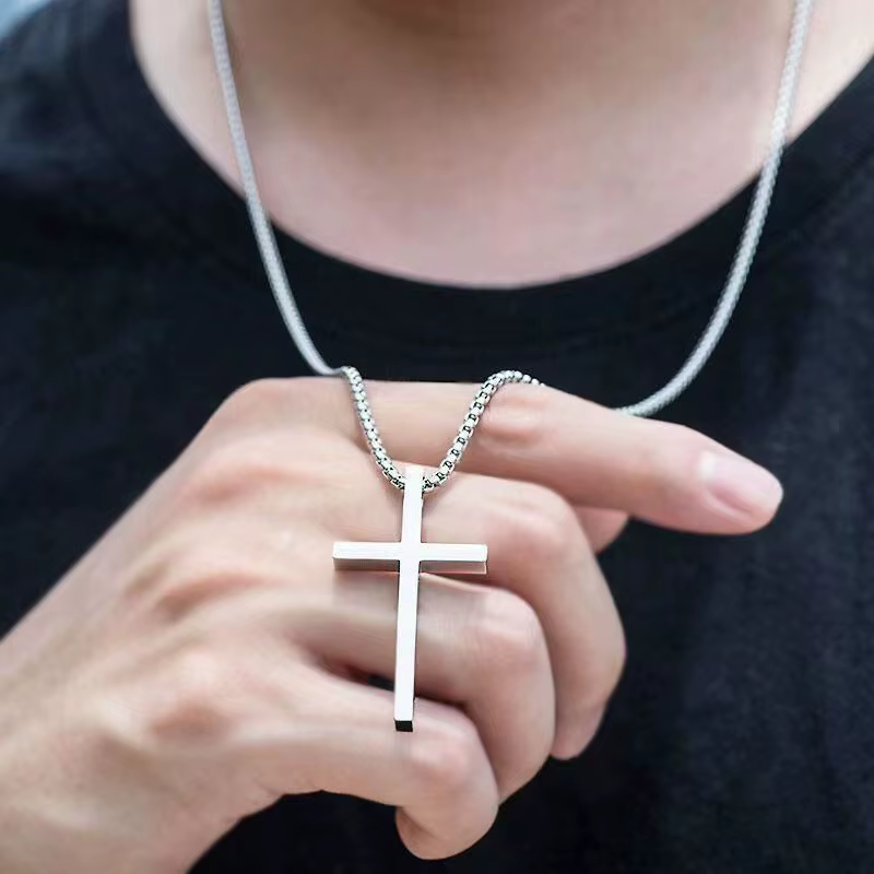 Hip Hop Trend Cross Pendant Necklace for Men Simple Punk Silver Color Titanium Steel Chain Versatile Street Jewelry - view 3