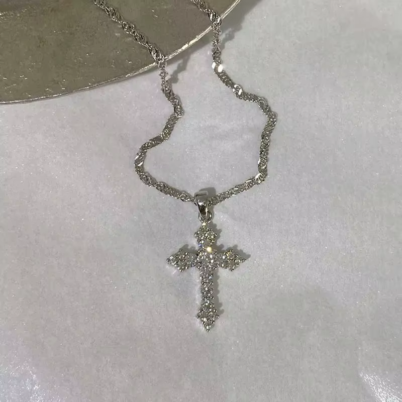 Shiny Crystal Zircon Cross Pendant Necklace for Women Girls Punk Silver Color Thin Chain Necklace Party Jewelry - view 5