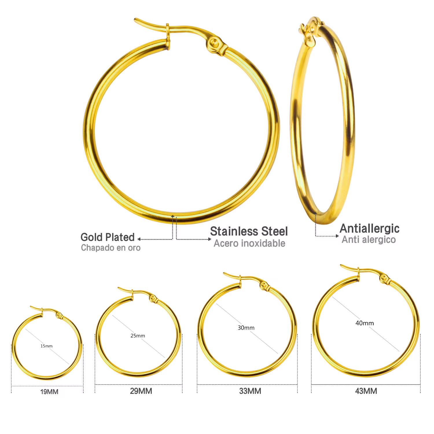Gold Color Stainless Steel Hoop Earrings For Women Men Big/Small Circle Round Ear Jewelry Bijoux Acier Inoxidable E18110