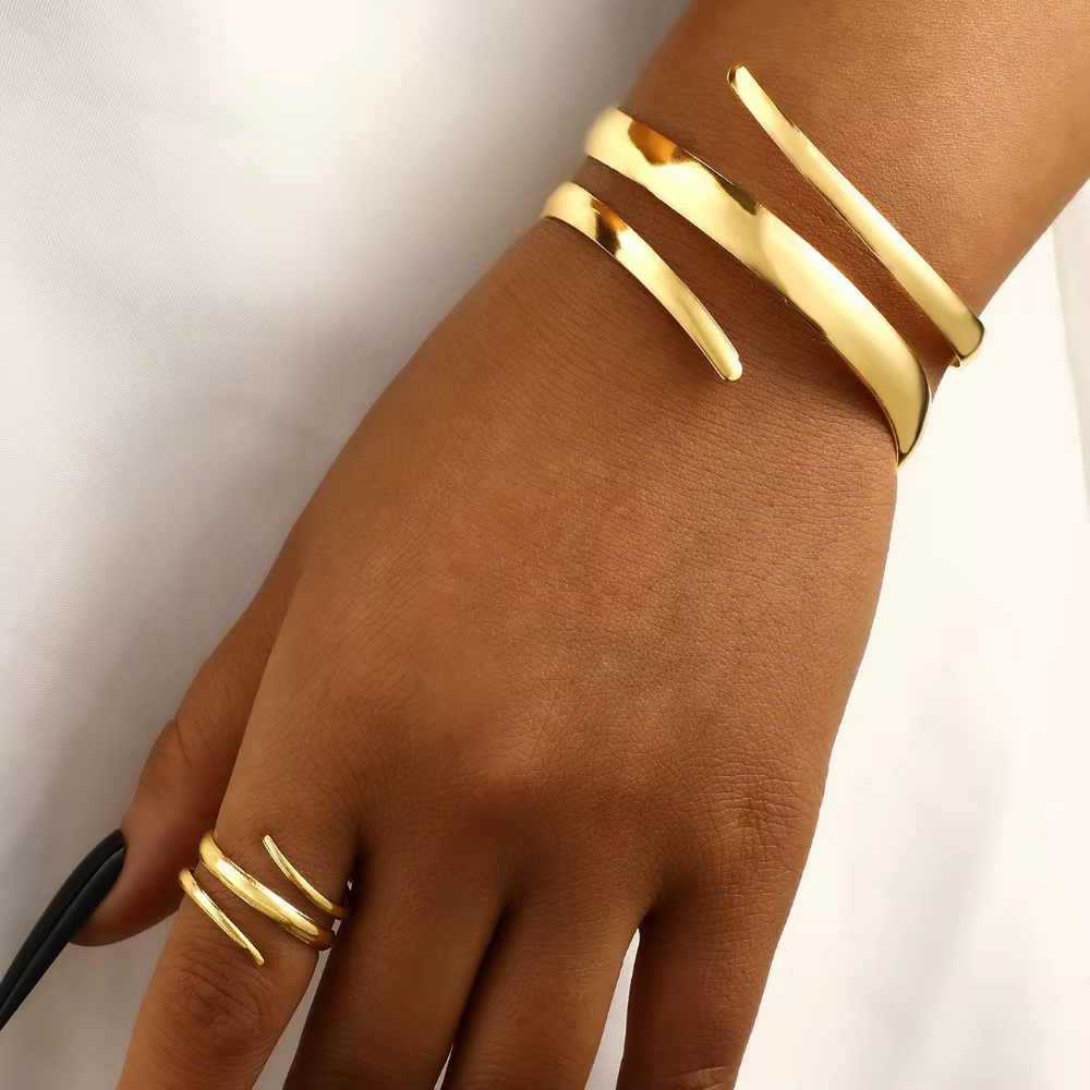 European and American Thick Bracelet and Ring Jewelry Set for Women Gold Color Geometric Line Bracelet Ring Combination - view 3