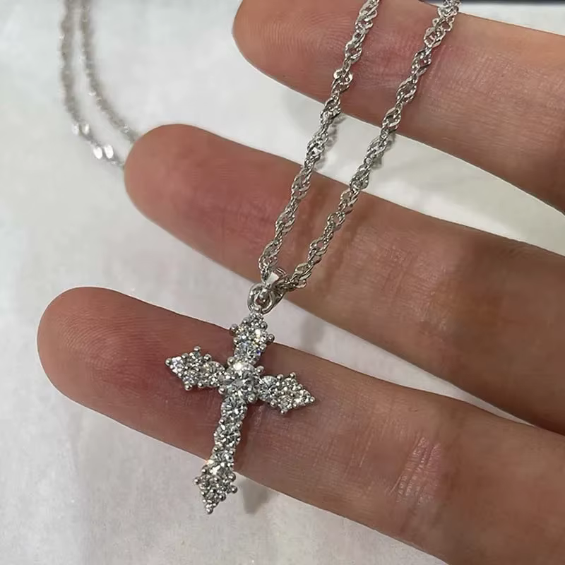 Shiny Crystal Zircon Cross Pendant Necklace for Women Girls Punk Silver Color Thin Chain Necklace Party Jewelry - view 3