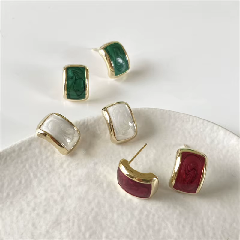 Trend Chic Enamel C-shaped Women's Stud Earrings Red Green Pink Color Small Earrings for Girls Aretes De Mujer In - view 5