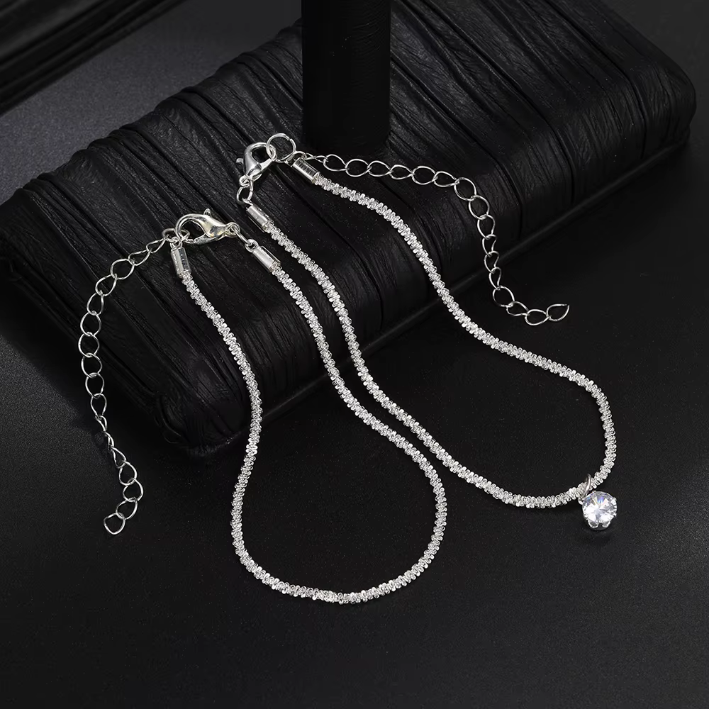 Shiny Silver Color Fashion Zircon Pendant Anklets for Women Girls Two Layers Chain Multi-Layer Beach Foot Jewelry - view 3