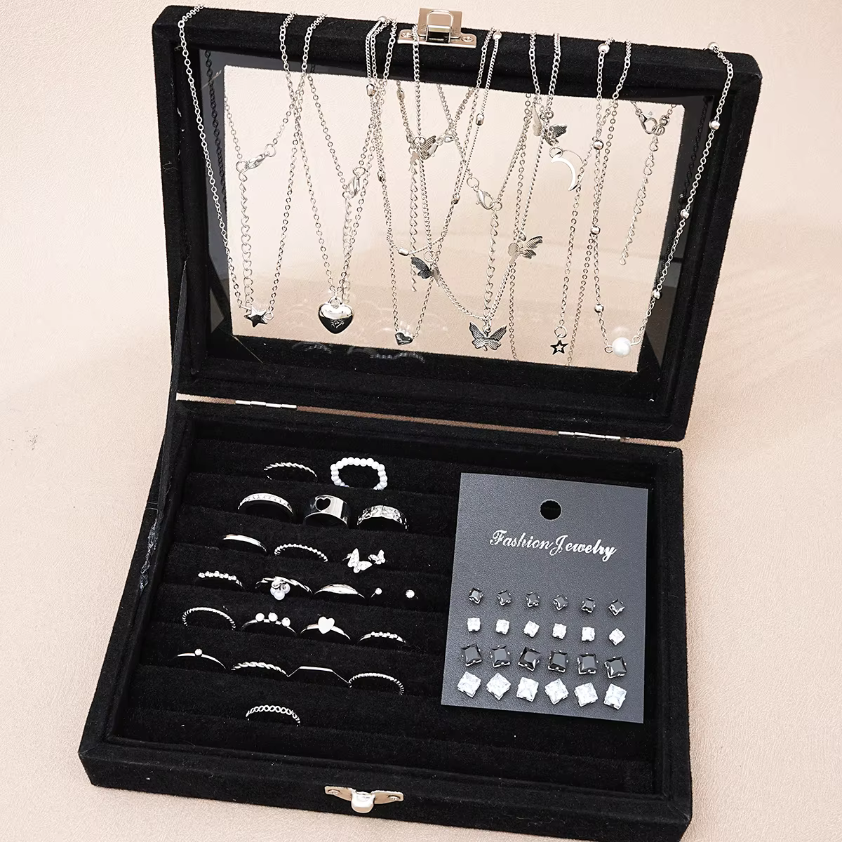 51 Pcs/Set Silver Color Chic Jewelry Set For Women Fashion Butterfly Heart Pearl Necklaces, Earrings, Rings, Match - view 5