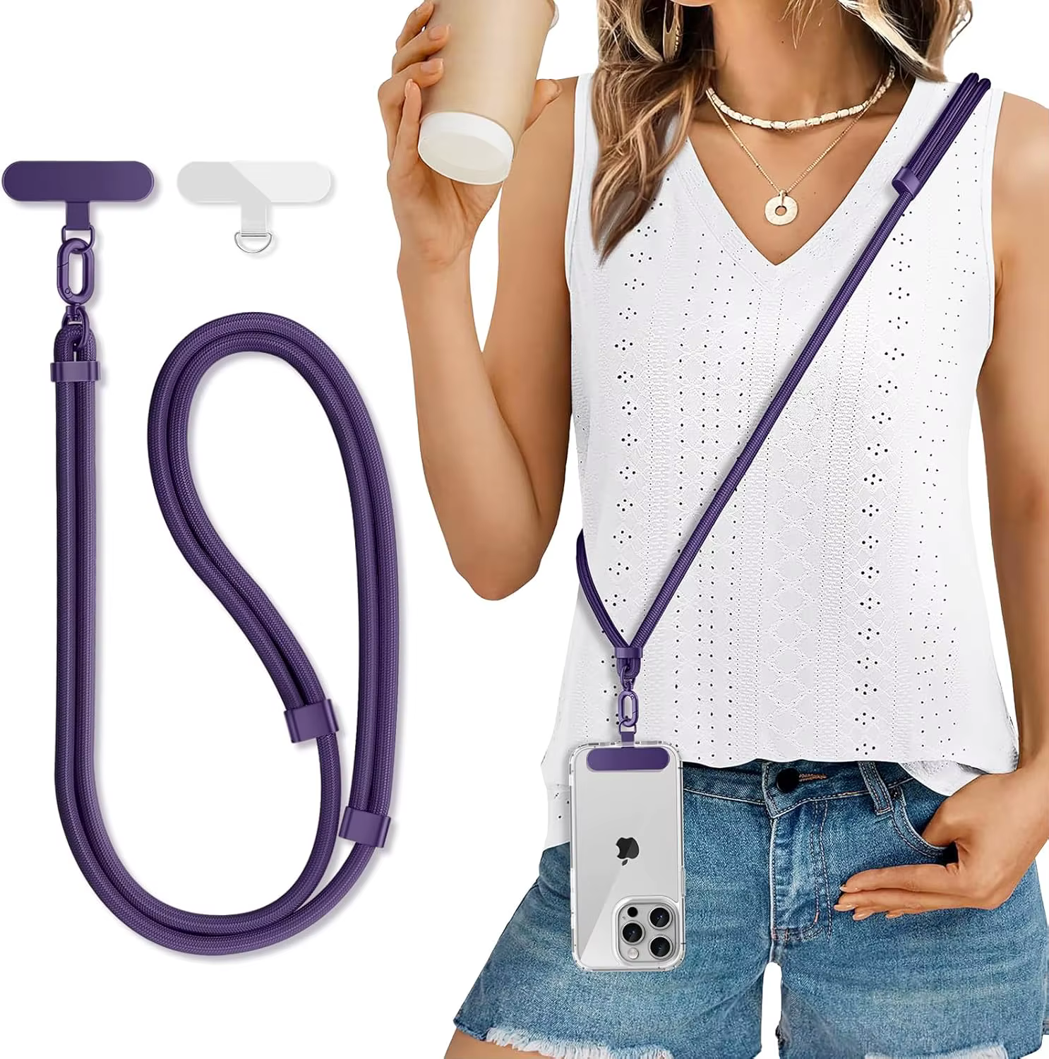 Universal Adjustable Phone Lanyard Crossbody Necklace Strap Phone Case Long Hanging Rope with Clip Anti-Lost Durable - view 2