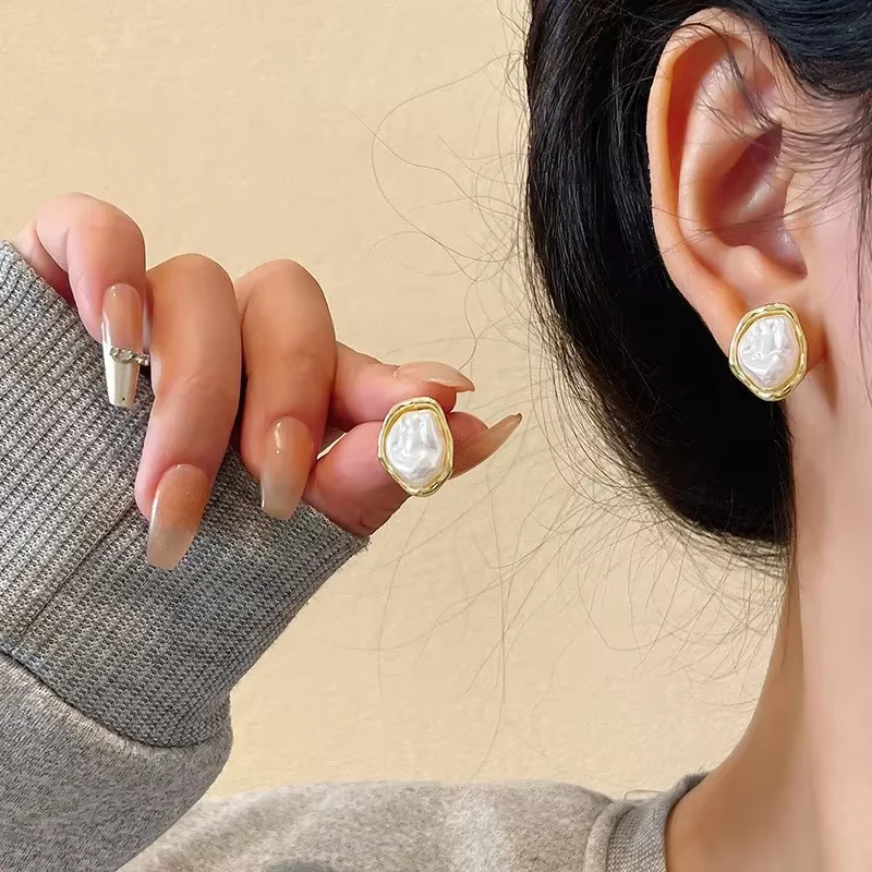 Geometric Irregular Round Pearl Earrings for Women Unusual Irregular Gold Color Metal Side Earrings Boho Trendy Jewelry - view 6
