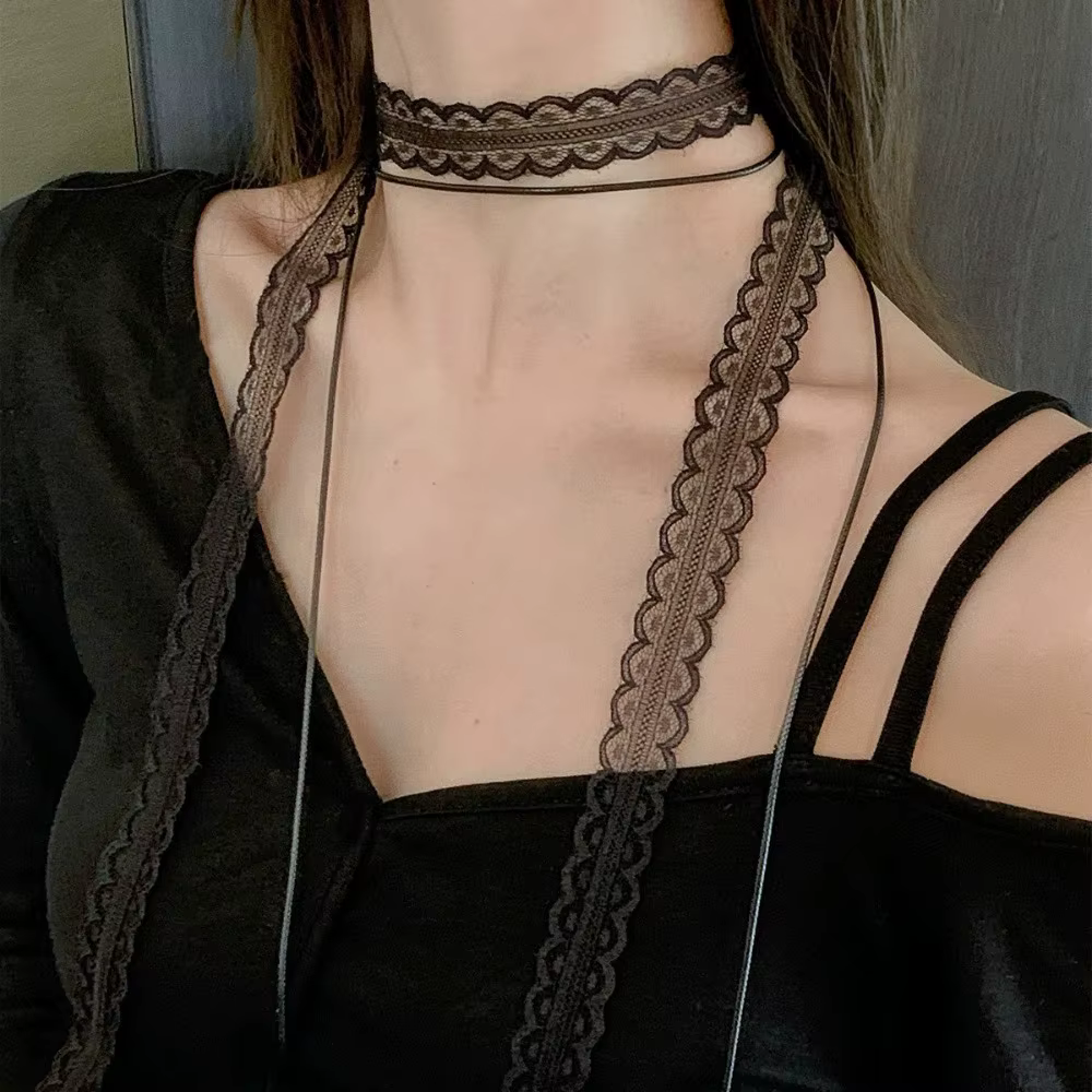 Fashion Choker Necklace for Women Sexy Black White Lace Bowknot Pendant Short Clavicle Chain Gothic Chokers Aesthetic - view 2