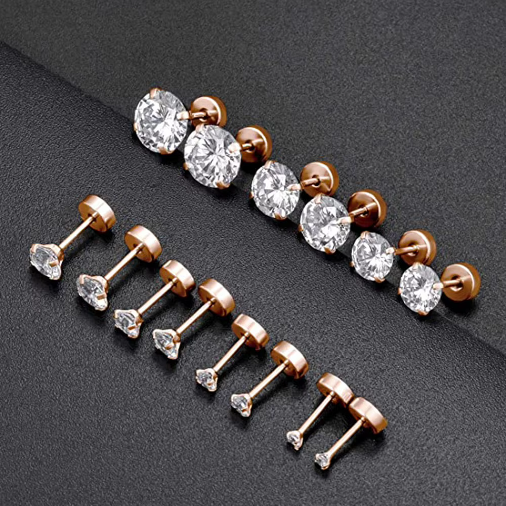 1Pair Classic Flat Back Screw Studs Stainless Steel Small Tiny Crystal - stud earrings with flat backs at ShoplyHub