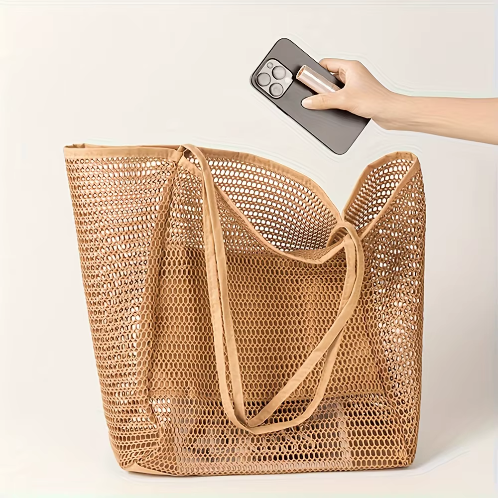 Women's Large Capacity Beach Tote Bag - Durable Polyester Woven Shoulder Bag with Open Top for Travel, Shopping - view 5