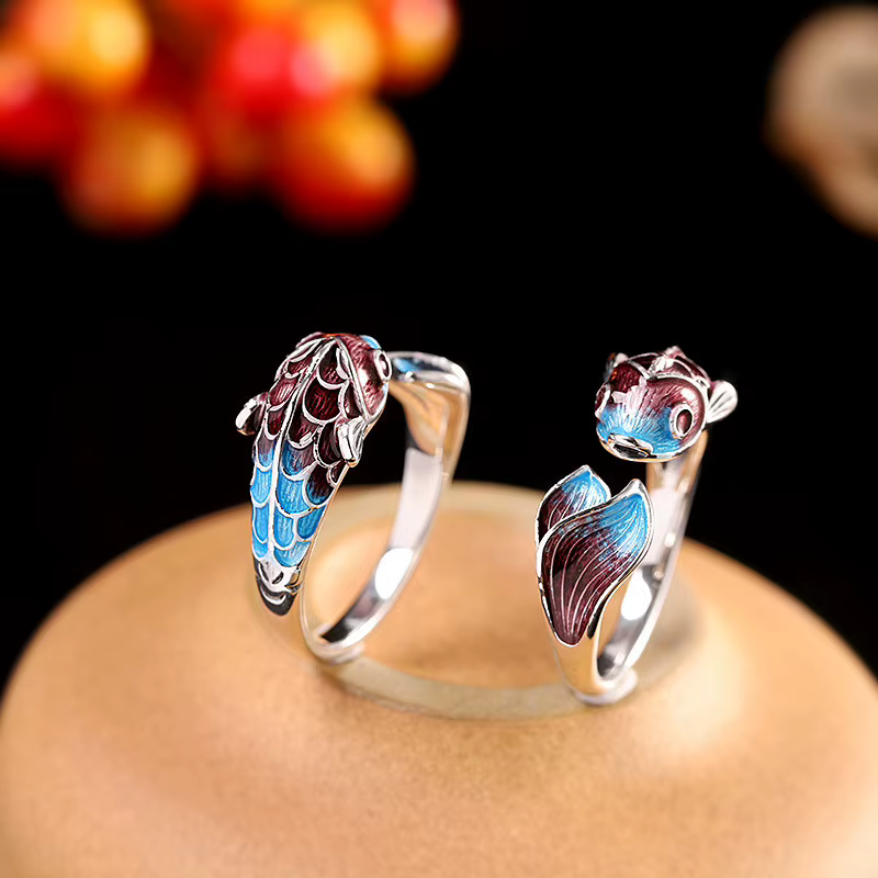 Silver Enamel Color Koi Fish Adjustable Ring Chinese Classical Niche Design Elegant Charm Ladies Brand Jewelry Party - view 4