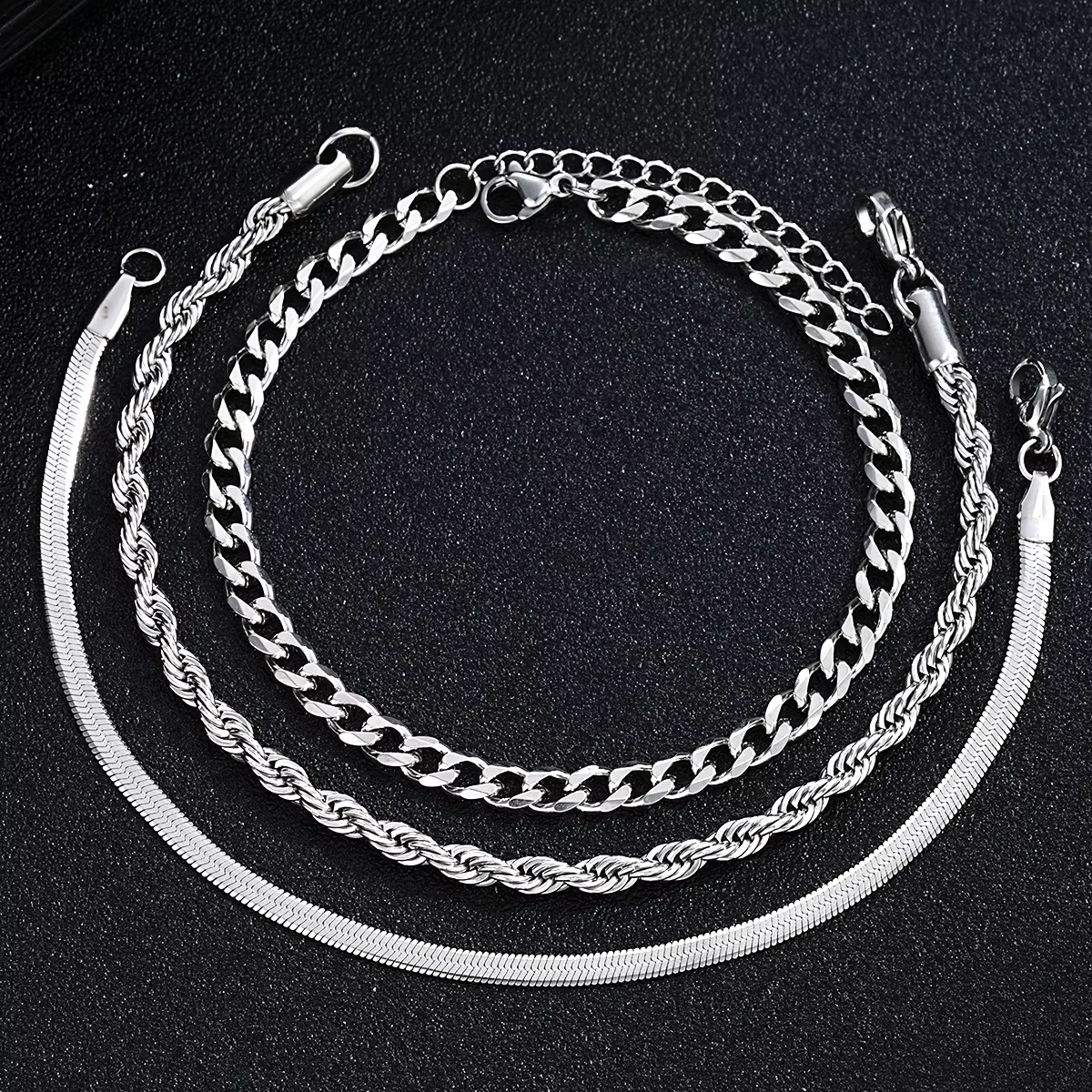 Simple Stainless Steel Silver Color Jewelry Sets for Men Unisex Punk Vintage Smooth Ring Necklace Bracelet Set Gifts - view 5