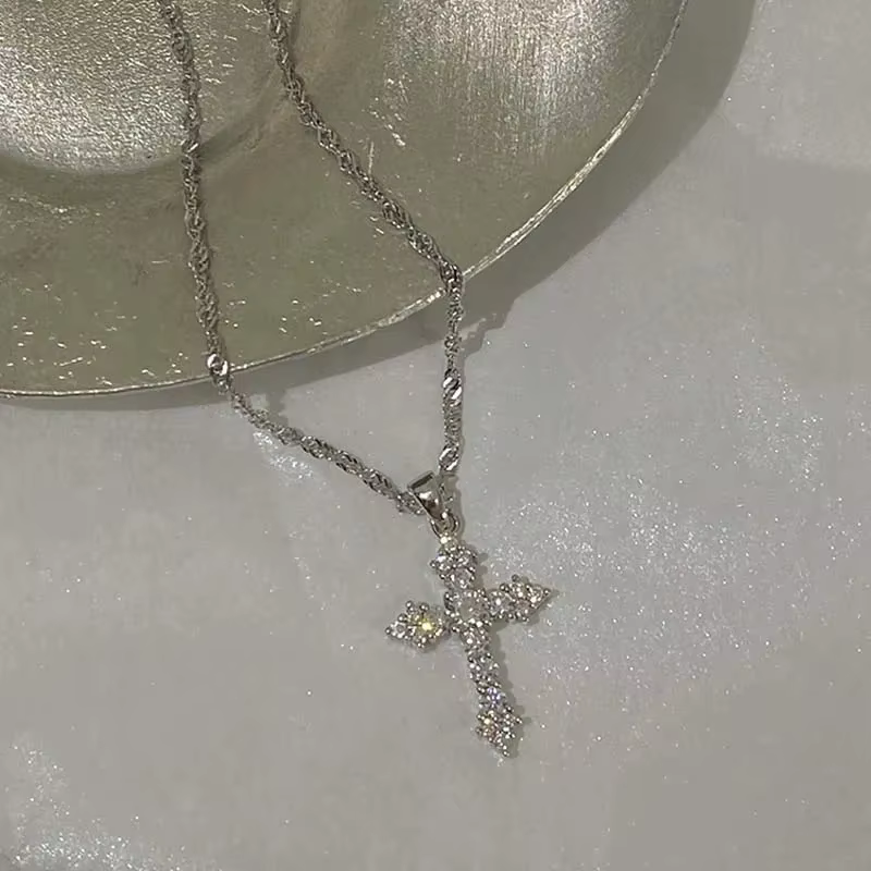 Shiny Crystal Zircon Cross Pendant Necklace for Women Girls Punk Silver Color Thin Chain Necklace Party Jewelry - view 6