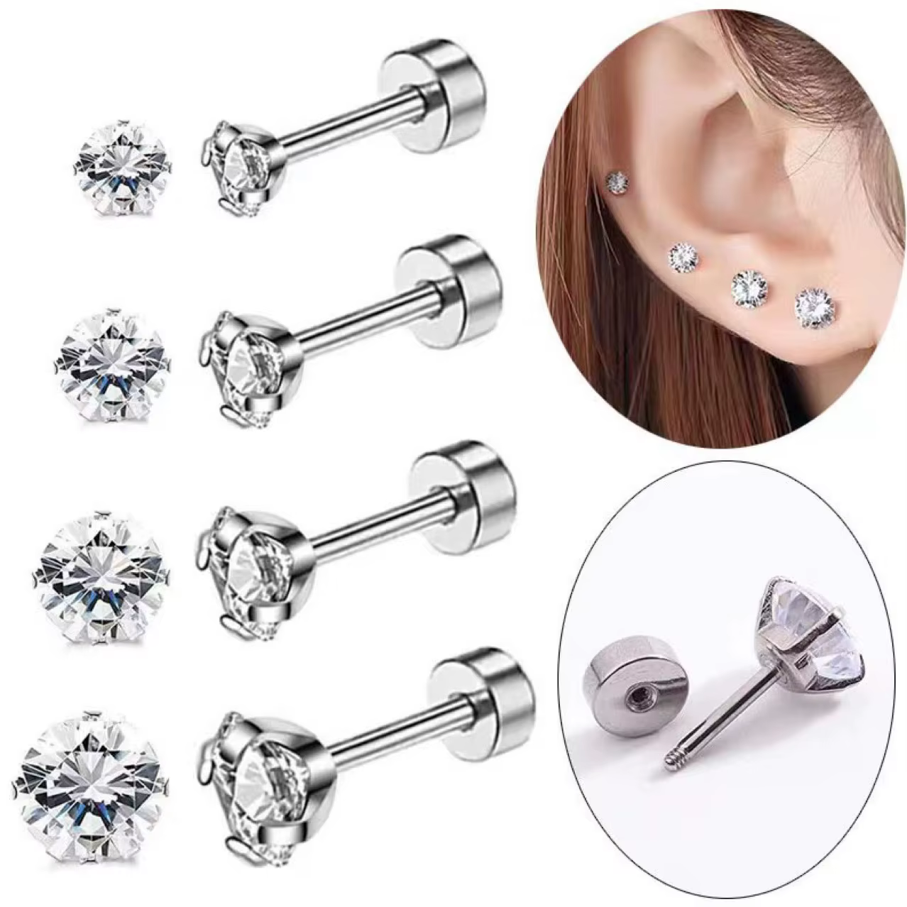 1Pair Classic Flat Back Screw Studs Stainless Steel Small Tiny Crystal Studs Earrings Women Men Piercing 4 Prong Tragus - view 2