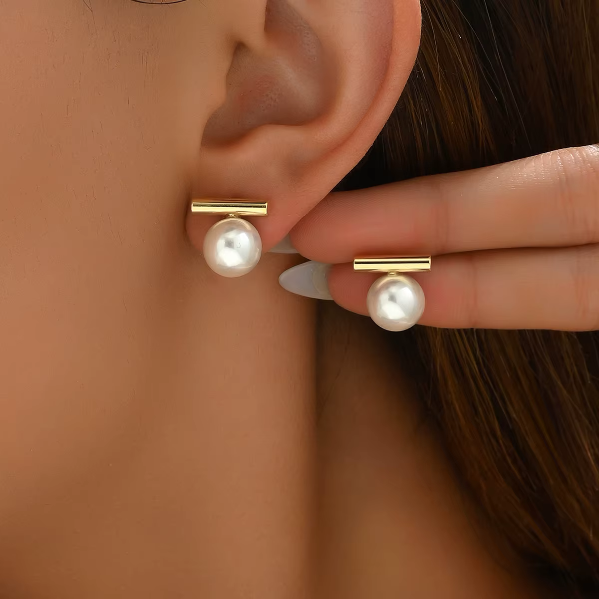 Simple Imitation Pearl Stud Earrings Gold Color Alloy Acrylic Beads Ea - stud earrings for sensitive ears at ShoplyHub