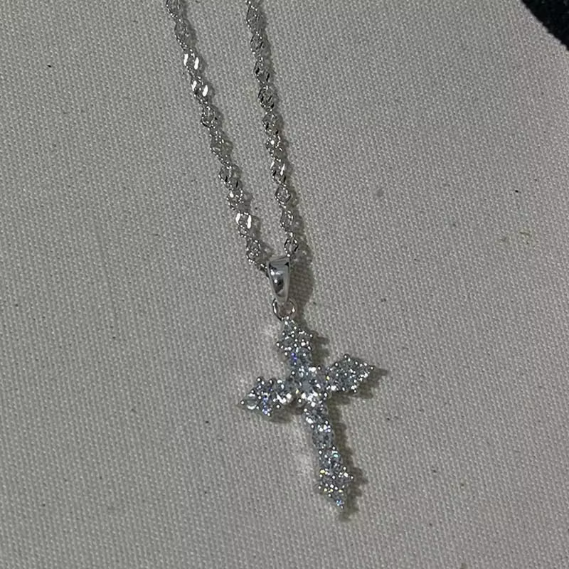 Shiny Crystal Zircon Cross Pendant Necklace for Women Girls Punk Silver Color Thin Chain Necklace Party Jewelry - view 4