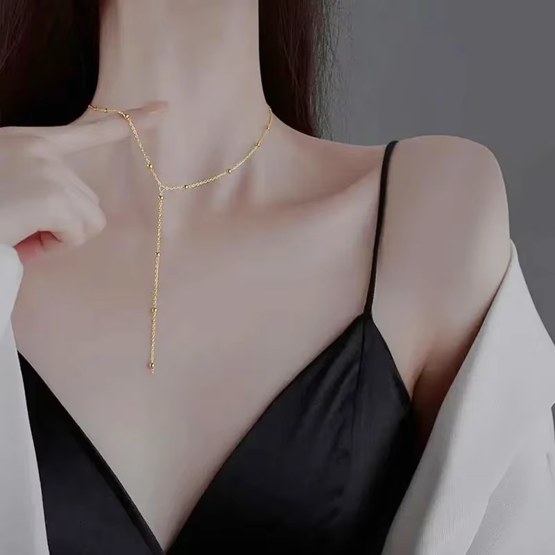 LATS Gold Color Double Layered Long Tassel Chain Necklaces for Women Simple Metal Geometric Bead Choker Necklace - view 4