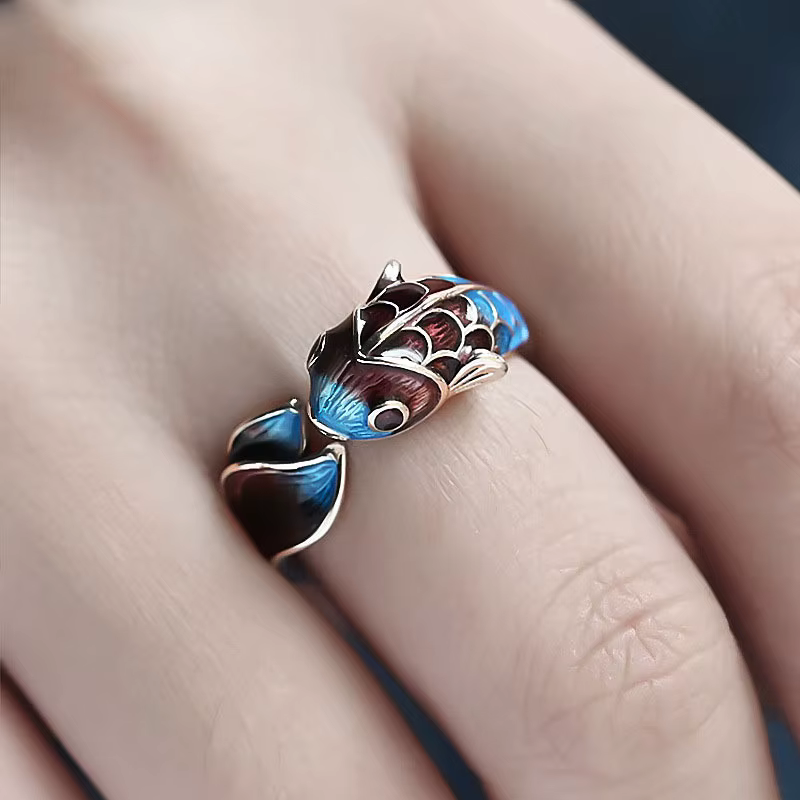 Silver Enamel Color Koi Fish Adjustable Ring Chinese Classical Niche Design Elegant Charm Ladies Brand Jewelry Party - view 5