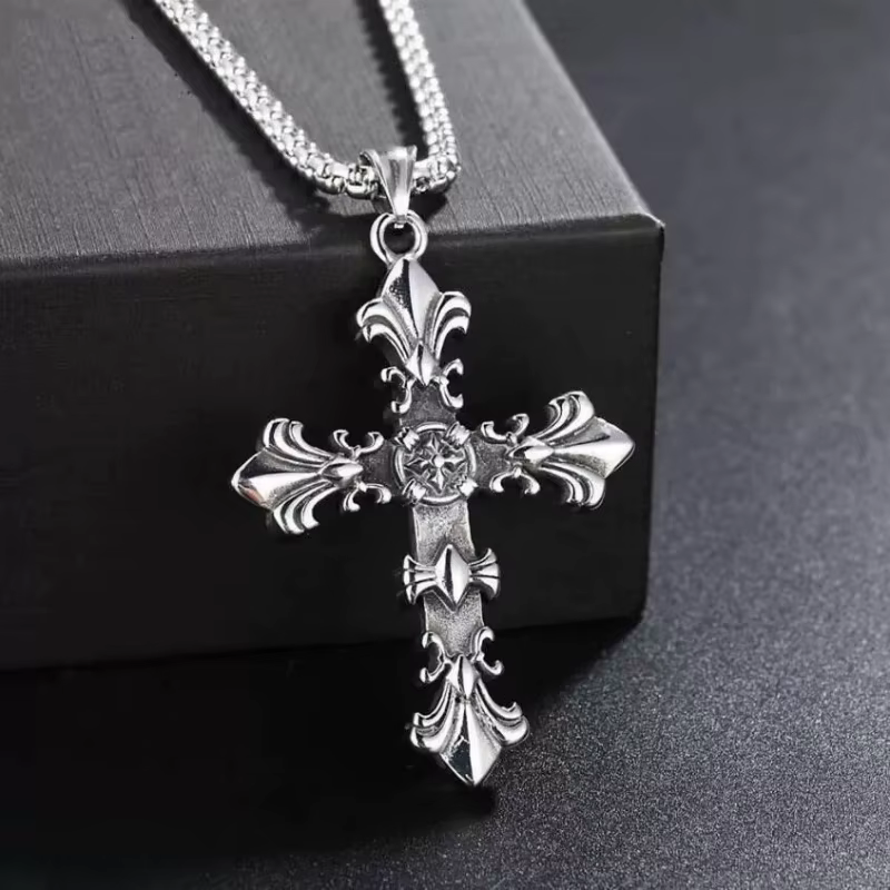 Fashion Stainless Steel Jewelry Set for Men Unisex Vintage Silver Color Cross Pendant Necklace, Bracelet Sets Punk