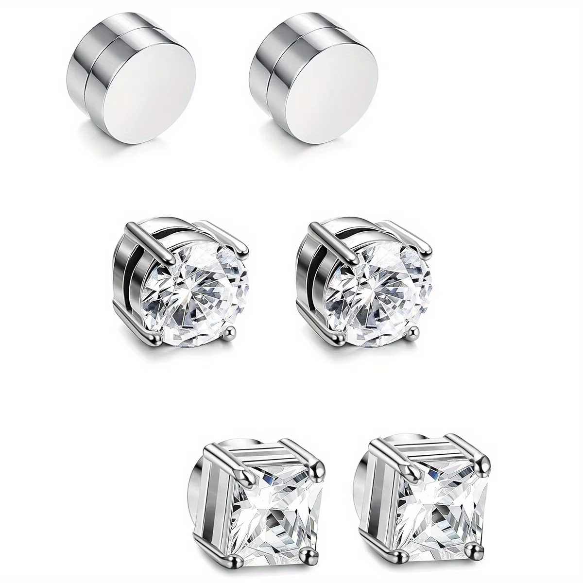 1/3Pairs 6MM Crystal Magnetic No-Pierce Stainless Steel Stud Earrings for Men Punk Zircon Magnet Earrings Non Piercing - view 2