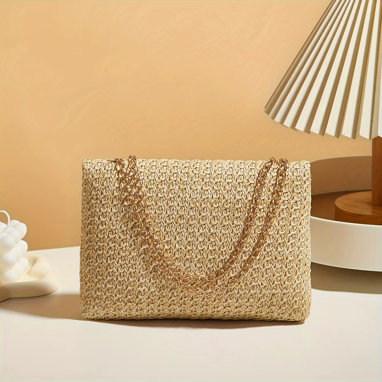 Woven Straw Handwoven Women's Shoulder Bag, Fashion Solid Color Crossbody Purse with Lock Closure - view 4