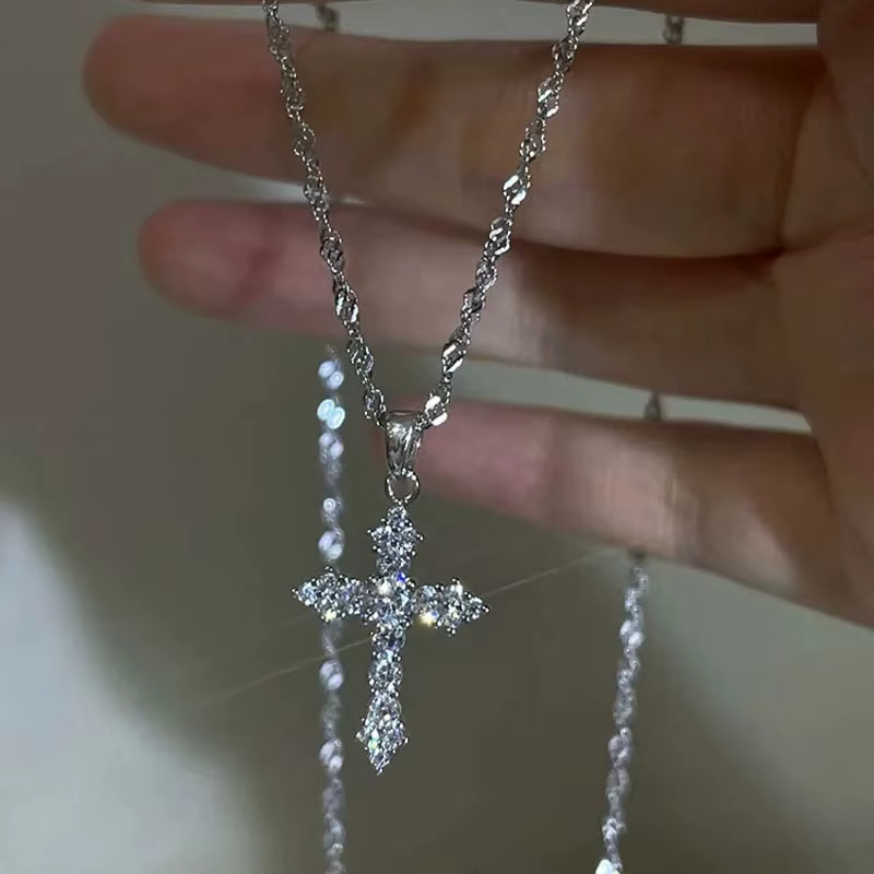 Shiny Crystal Zircon Cross Pendant Necklace for Women Girls Punk Silver Color Thin Chain Necklace Party Jewelry - view 2