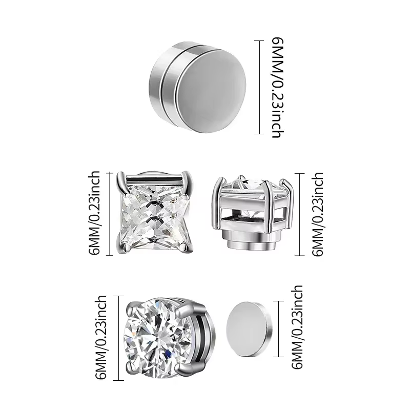 1/3Pairs 6MM Crystal Magnetic No-Pierce Stainless Steel Stud Earrings for Men Punk Zircon Magnet Earrings Non Piercing - view 6