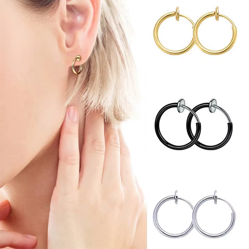 Non-Piercing Hoop Earrings Spring Ear Clip Fake Ear Hoops for Men and Women, Stainless Steel Clip on Earings 2.0*8/10mm - view 2