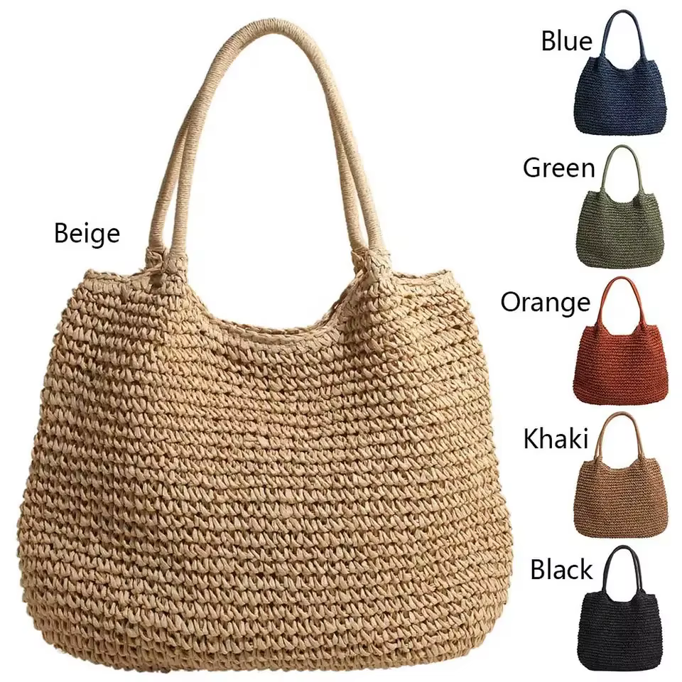 Women Straw Bag Tote Handbag Large Capacity Vintage Shoulder Bag Solid Color Simple Weaving Handbag Ladies Summer Daily - view 2