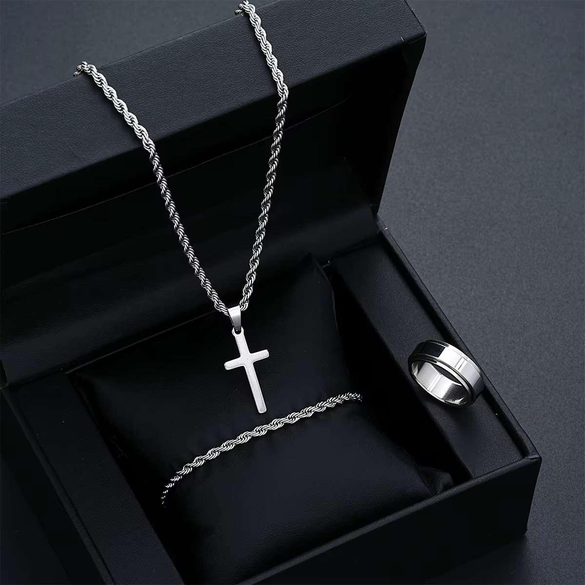 Stainless Steel Simple Jewelry Set For Men Women Fashion Silver Color Cross Pendant Twisted Rope Necklace Bracelets - view 5