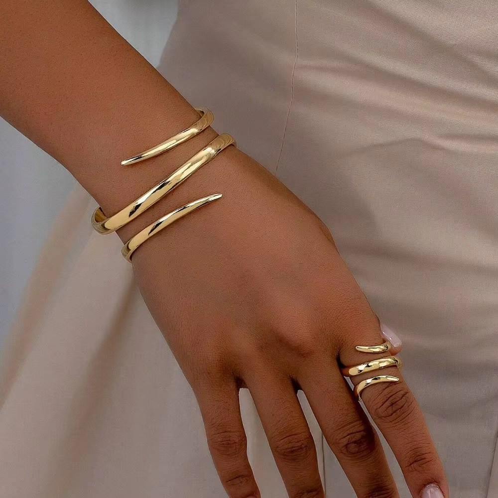 European and American Thick Bracelet and Ring Jewelry Set for Women Gold Color Geometric Line Bracelet Ring Combination - view 2