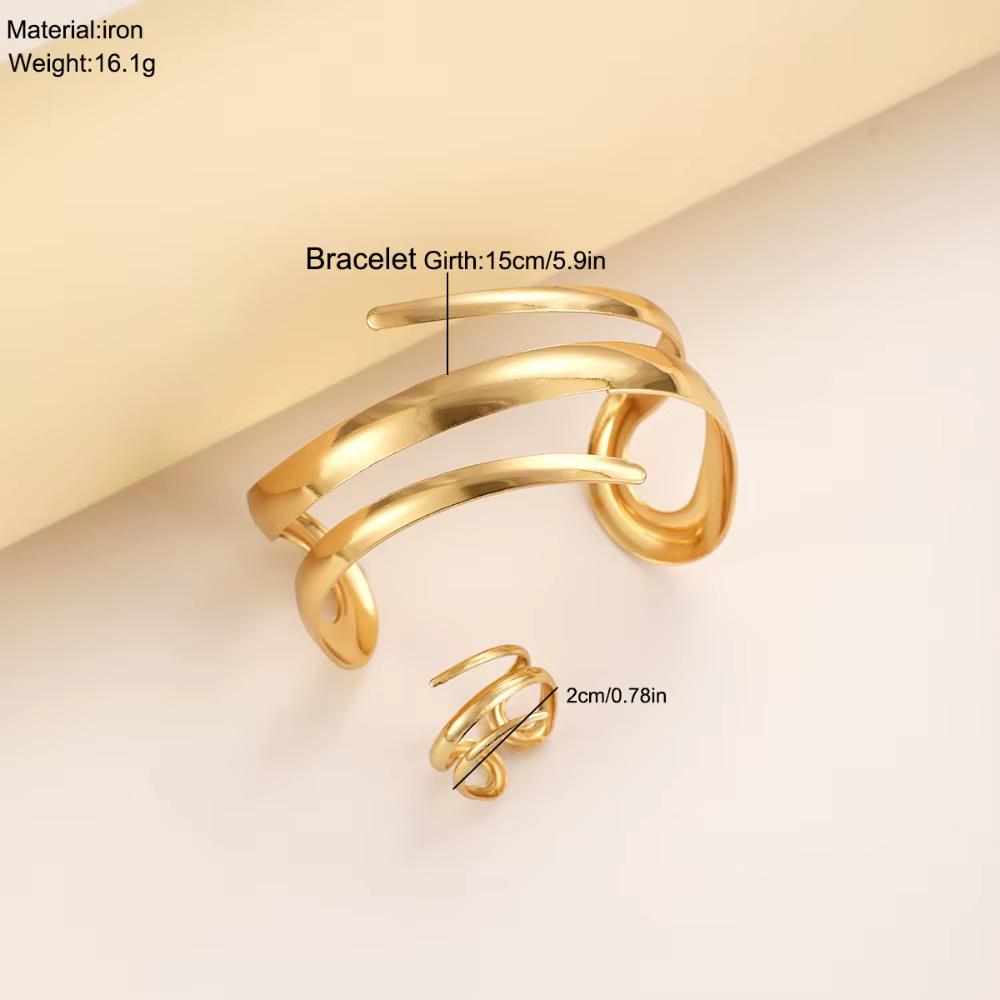 European and American Thick Bracelet and Ring Jewelry Set for Women Gold Color Geometric Line Bracelet Ring Combination - view 5