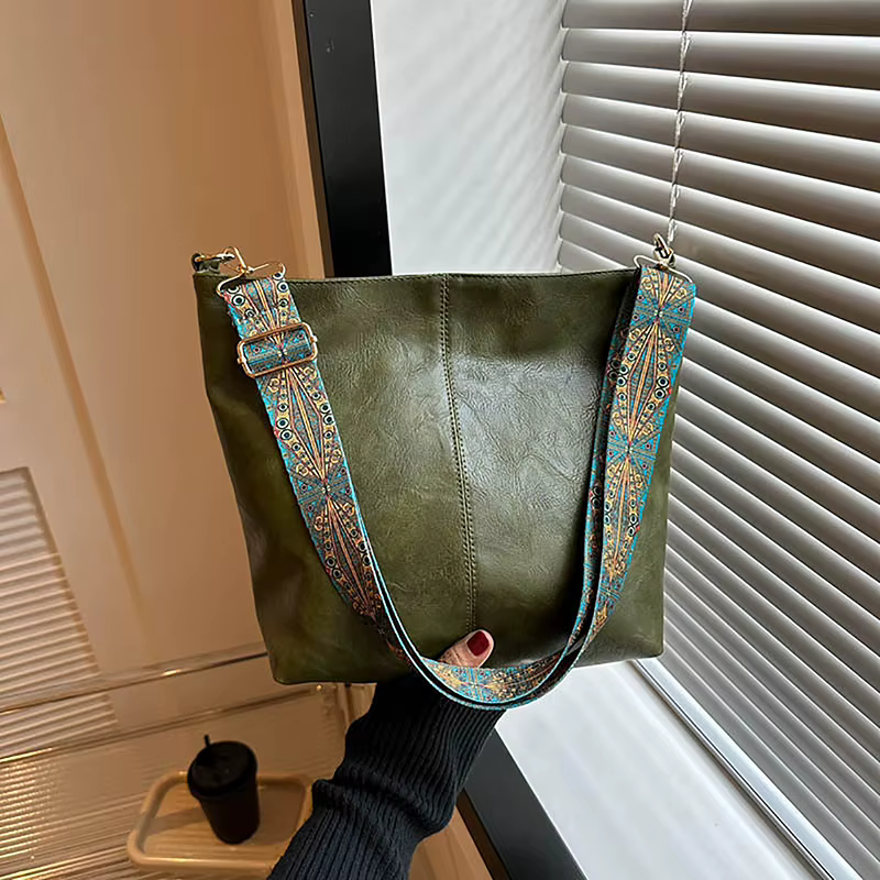 Wide Geometric Strap Shoulder Bag Large Capacity Crossbody Bags For Women,Retro Pu Leather Women's Bag For Shopping - view 4