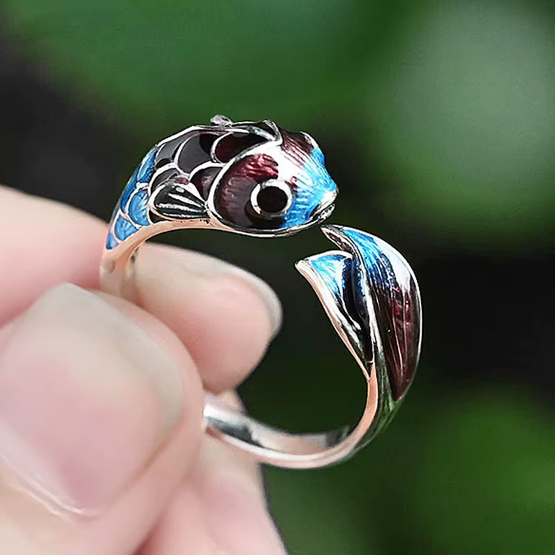 Silver Enamel Color Koi Fish Adjustable Ring Chinese Classical Niche Design Elegant Charm Ladies Brand Jewelry Party