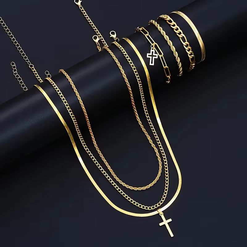 7-Piece Elegant Stainless Steel Minimalist Cross Pendant Jewelry Set for Men Chain Necklace Bracelet Jewelry for