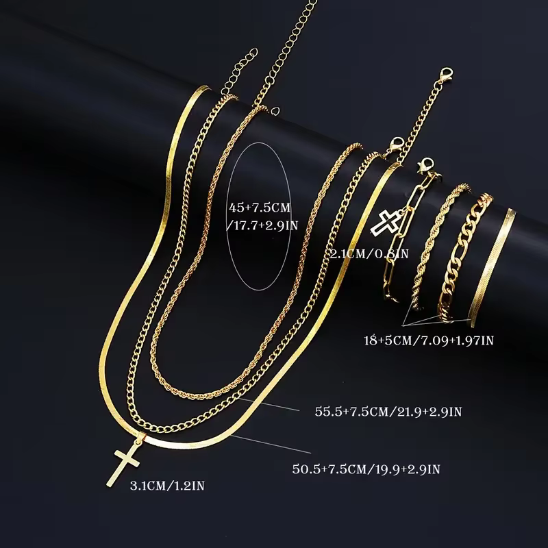 7-Piece Elegant Stainless Steel Minimalist Cross Pendant Jewelry Set for Men Chain Necklace Bracelet Jewelry for - view 2