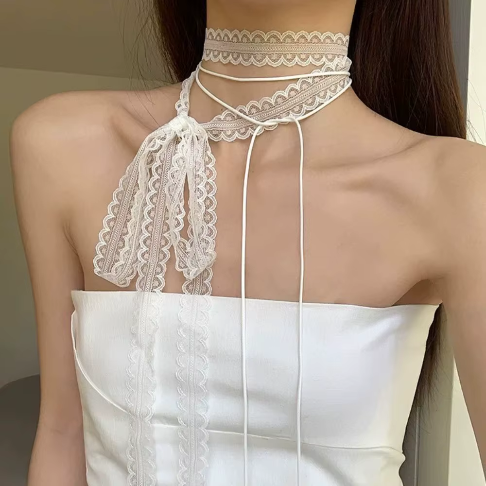 Fashion Choker Necklace for Women Sexy Black White Lace Bowknot Pendant Short Clavicle Chain Gothic Chokers Aesthetic