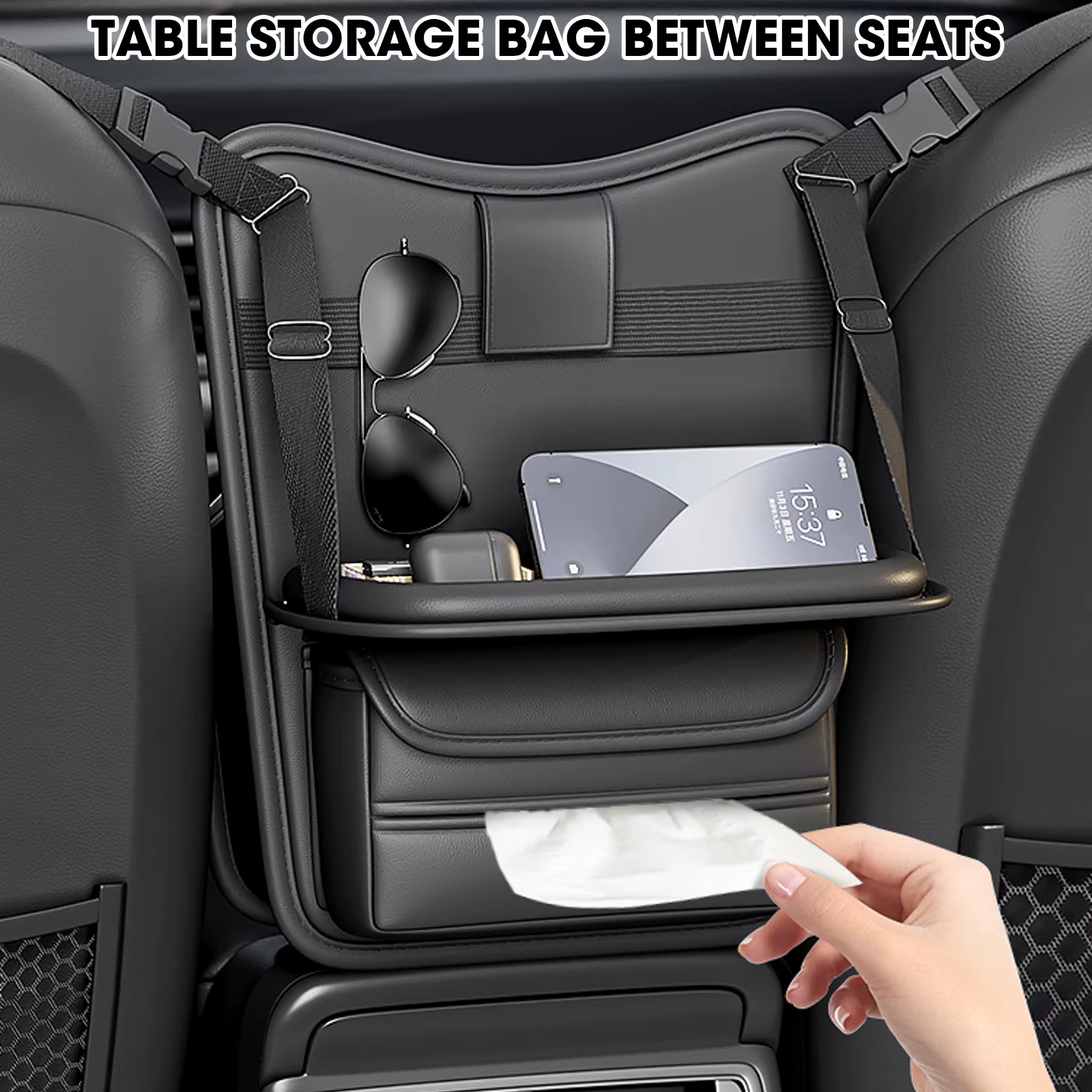 Car Handbag Holder, Car Mesh Organizer Net Pocket Purse/Book/Phone Holder,Tissue Box 3-IN-1 Auto Interior Organizers - view 3