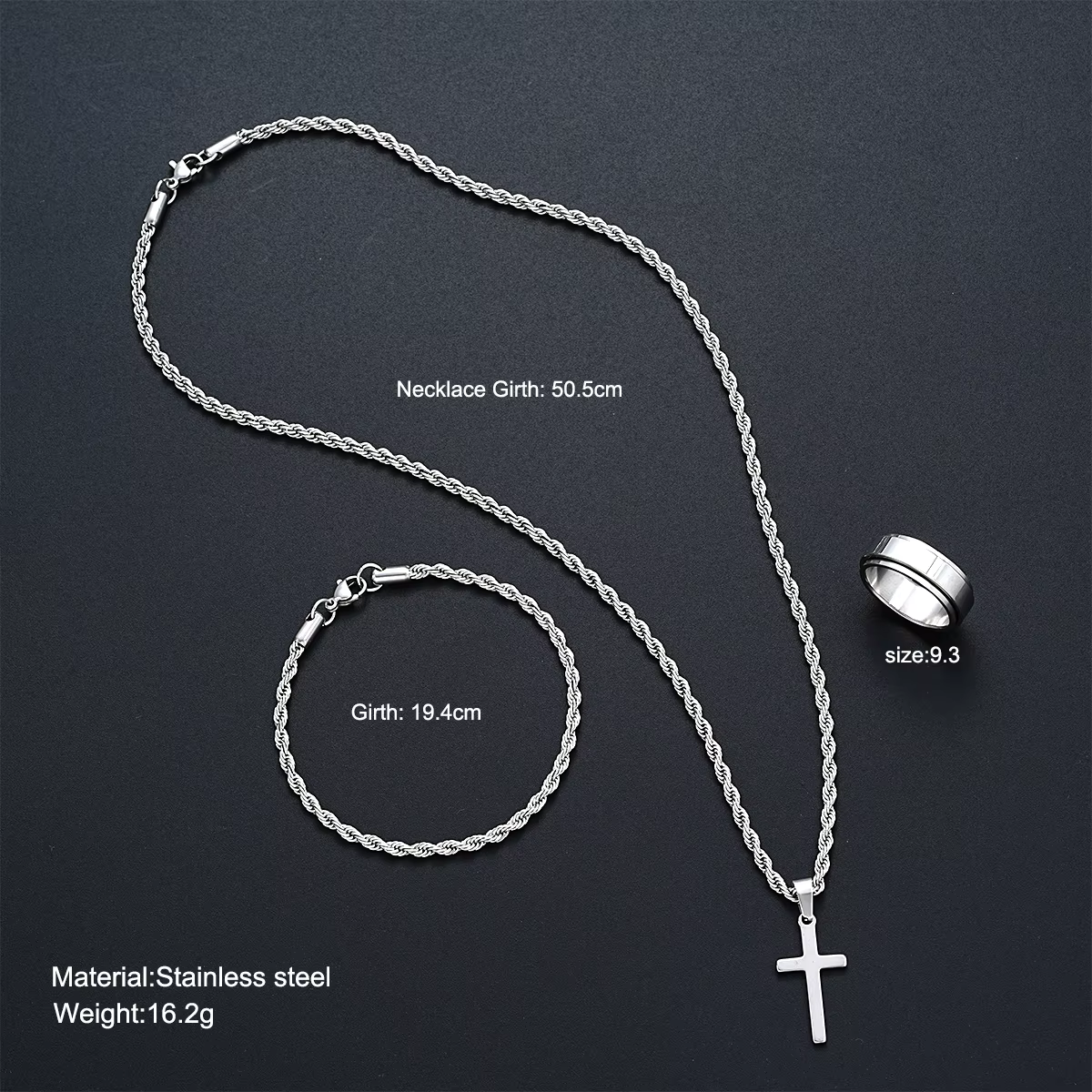 Stainless Steel Simple Jewelry Set For Men Women Fashion Silver Color Cross Pendant Twisted Rope Necklace Bracelets - view 6