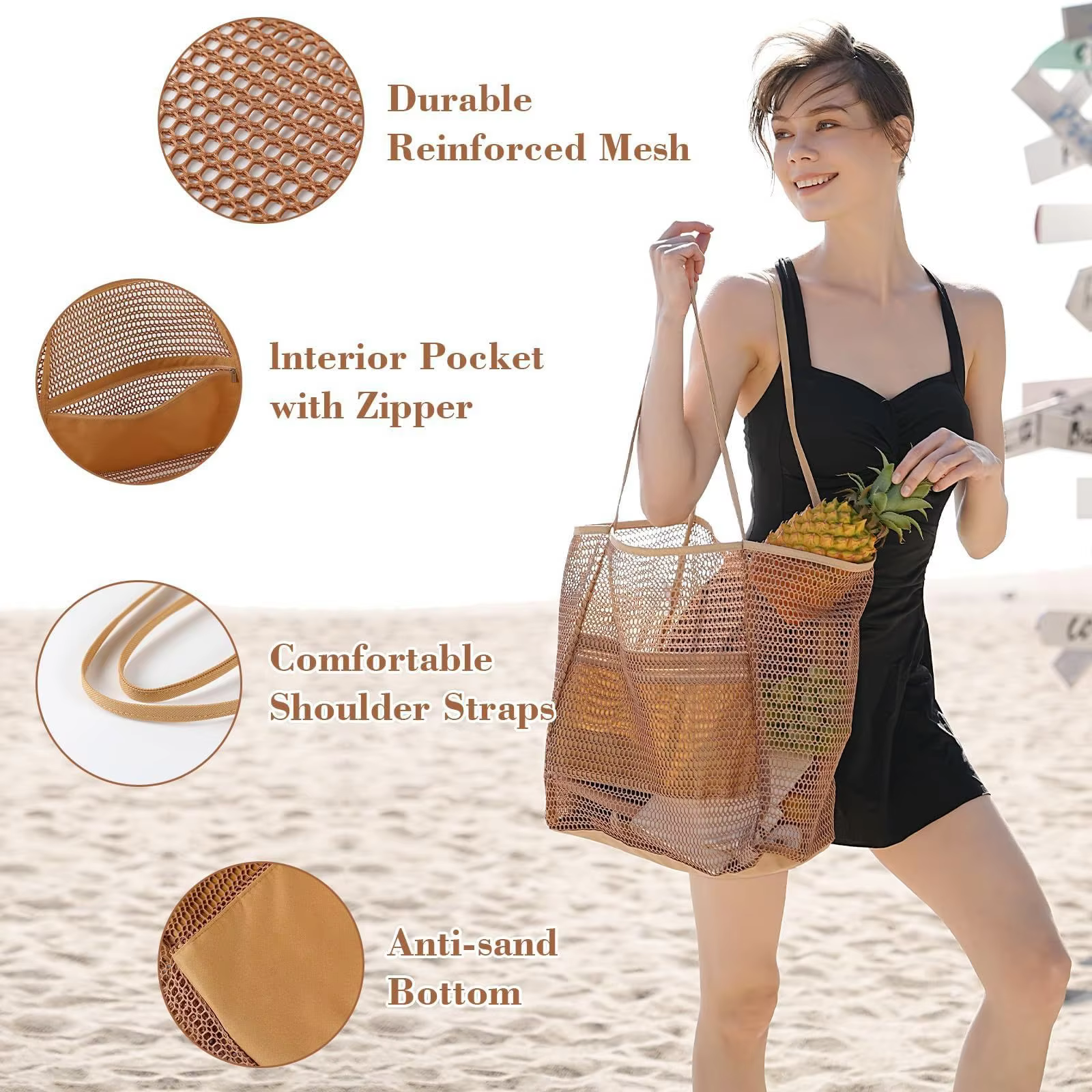 Women's Large Capacity Beach Tote Bag - Durable Polyester Woven Shoulder Bag with Open Top for Travel, Shopping - view 3