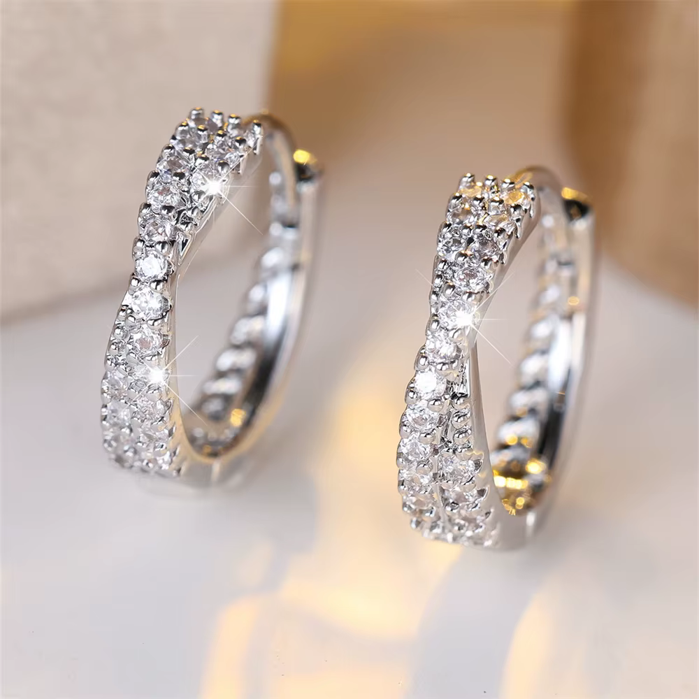 White Zircon Small Stone Crossed Hoop Earrings For Women Vintage Gold Silver Color Wedding Jewelry Versatile Accessory - view 2