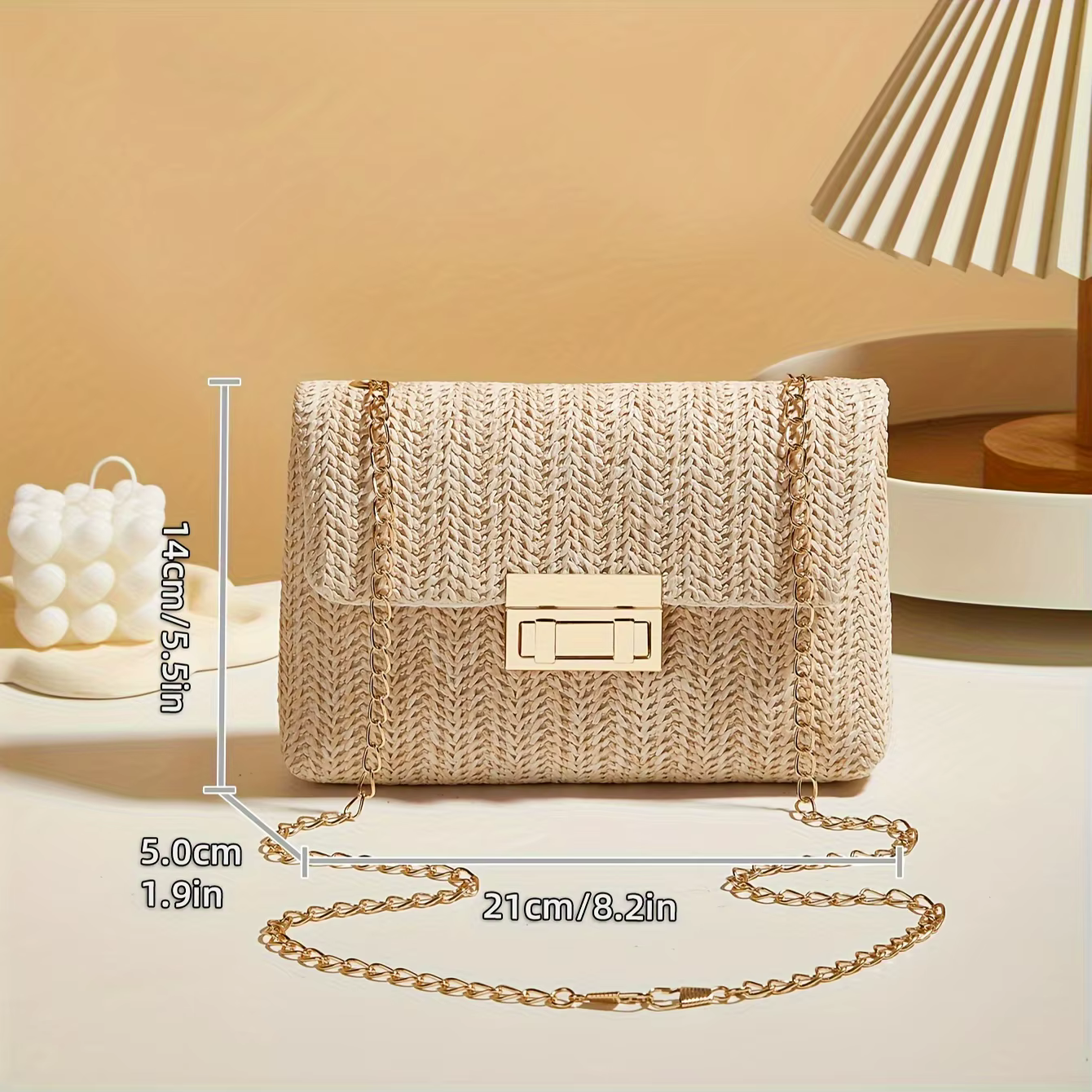 Woven Straw Handwoven Women's Shoulder Bag, Fashion Solid Color Crossbody Purse with Lock Closure - view 3