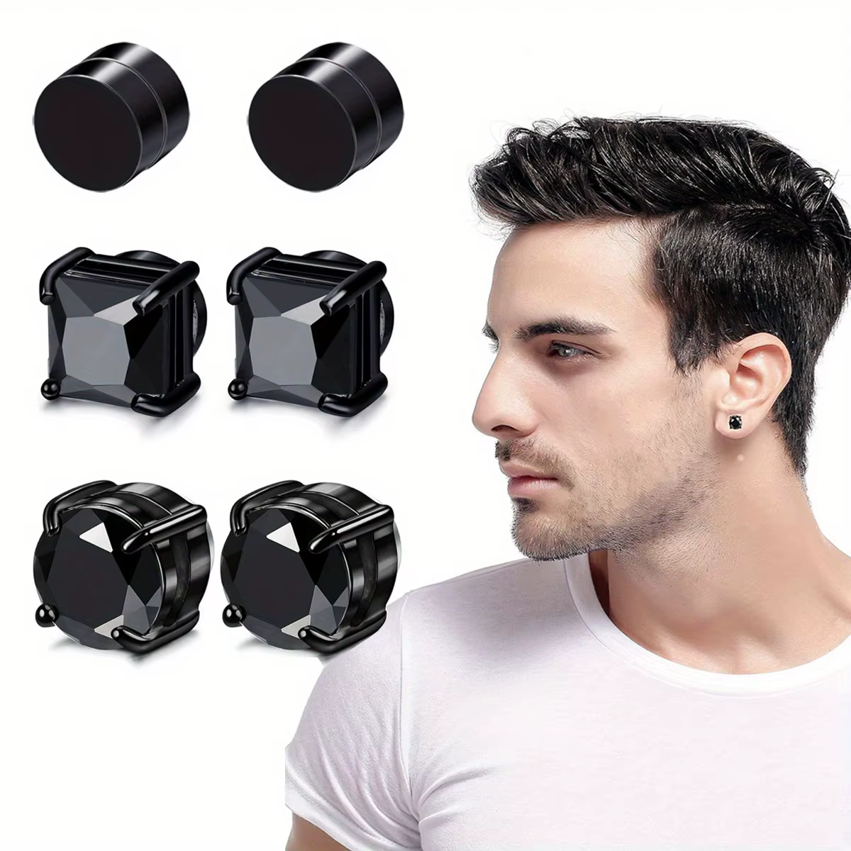 1/3Pairs 6MM Crystal Magnetic No-Pierce Stainless Steel Stud Earrings for Men Punk Zircon Magnet Earrings Non Piercing - view 5