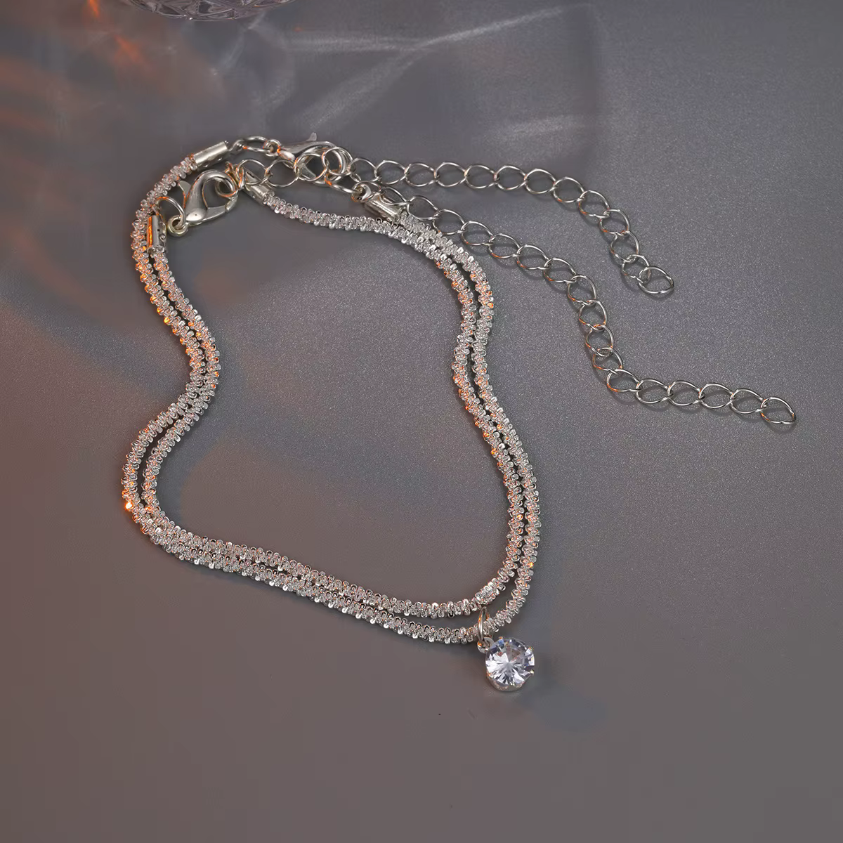 Shiny Silver Color Fashion Zircon Pendant Anklets for Women Girls Two Layers Chain Multi-Layer Beach Foot Jewelry - view 6