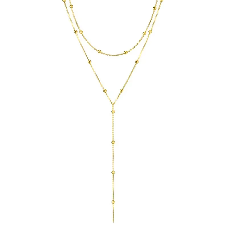 LATS Gold Color Double Layered Long Tassel Chain Necklaces for Women Simple Metal Geometric Bead Choker Necklace - view 6