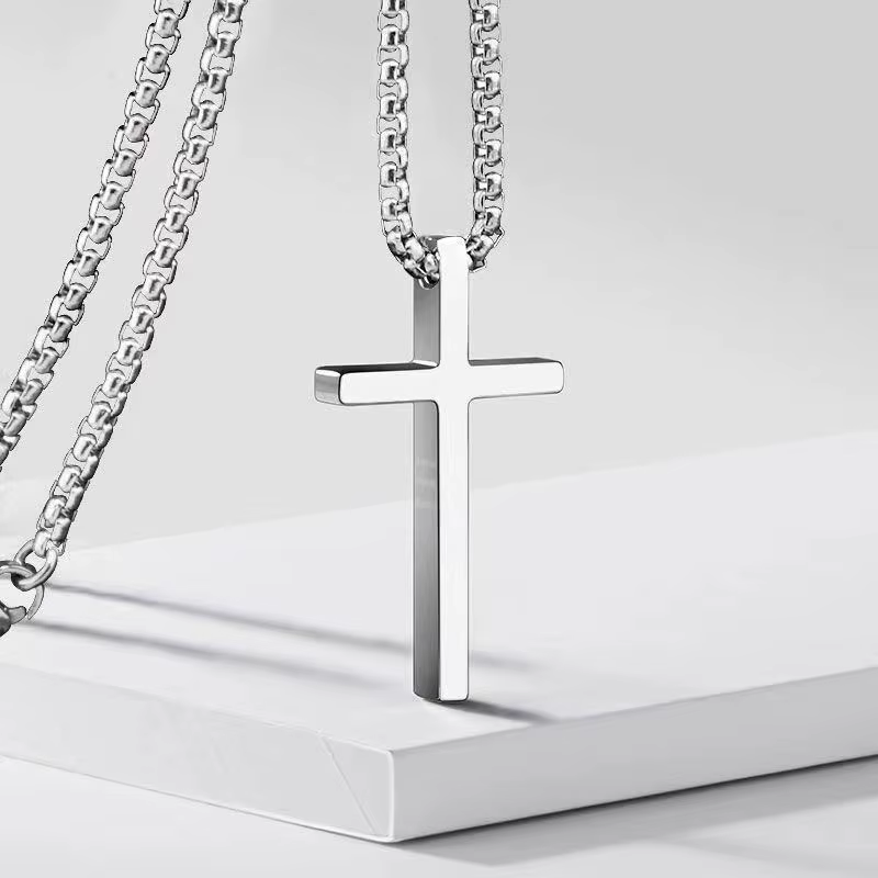 Hip Hop Trend Cross Pendant Necklace for Men Simple Punk Silver Color Titanium Steel Chain Versatile Street Jewelry
