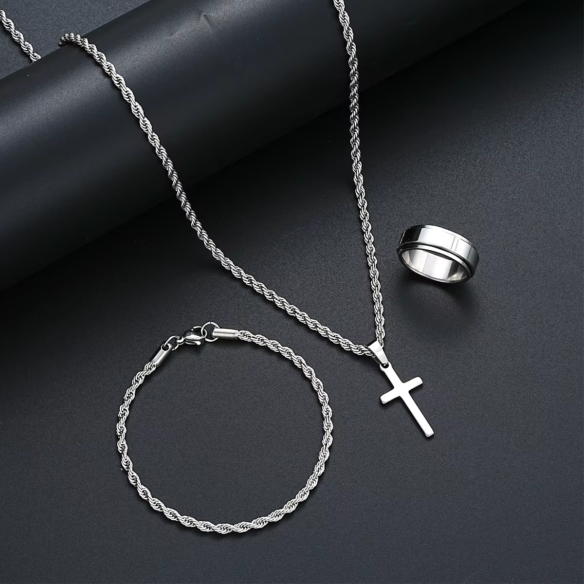 Stainless Steel Simple Jewelry Set For Men Women Fashion Silver Color Cross Pendant Twisted Rope Necklace Bracelets - view 2